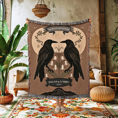 Mystic Crow Couple Custom Woven Blanket | Crow Core Couple Dark Academia Aesthetic Witchy Throw Custom Name Gift Tapestry Minimalist Decor |