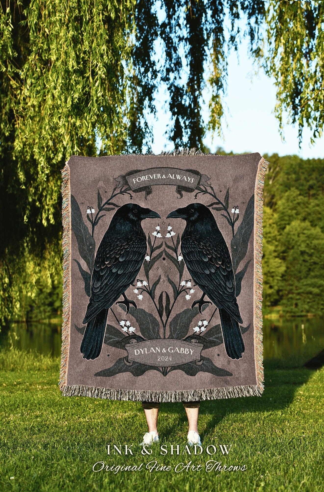 Dark Romantic Couple Anniversary Blanket Custom | Crowcore Couple Dark Academia Aesthetic Gothic Raven Throw Personalized Name Gift Tapestry