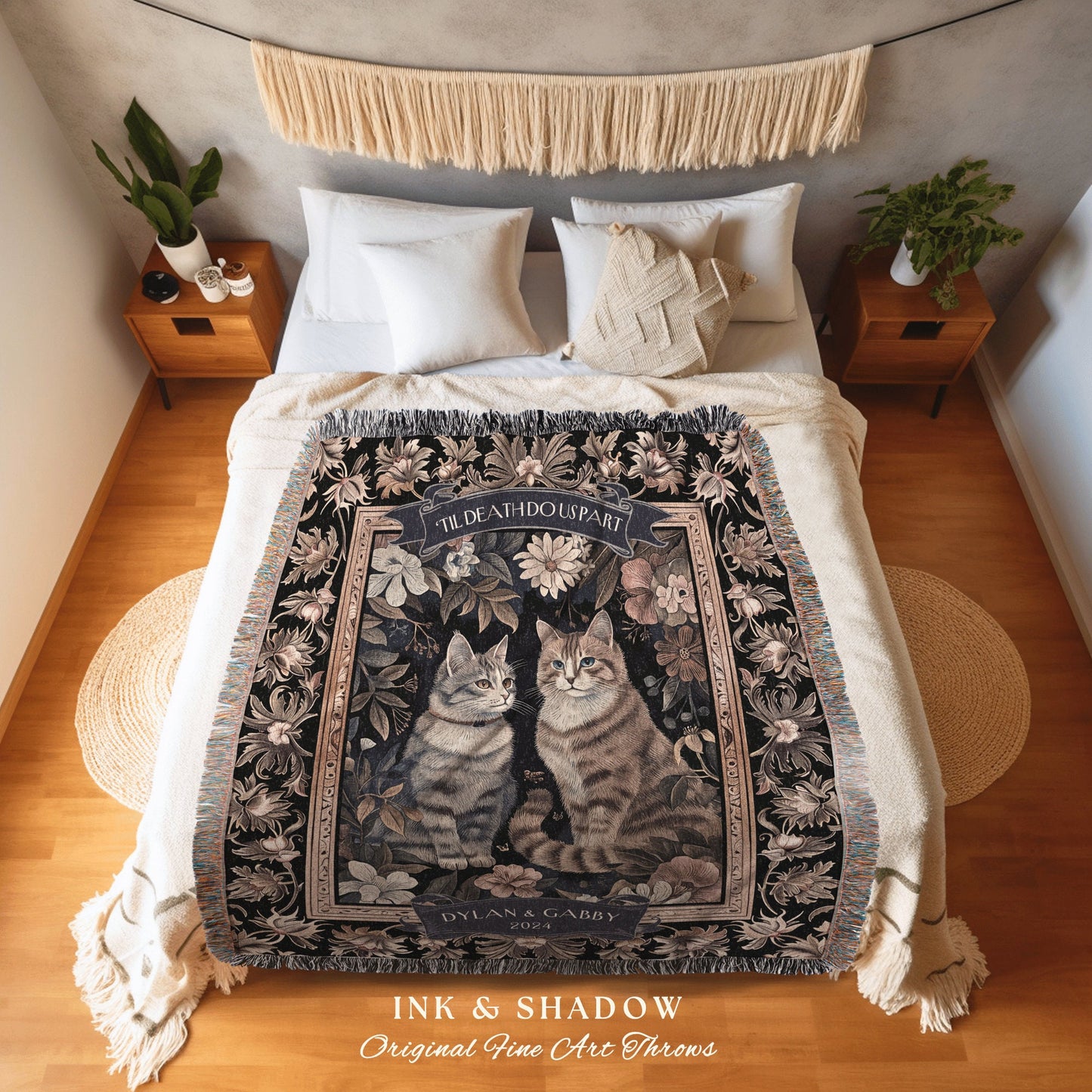 Romantic Floral Couple Blanket | Personalized Victorian Gothic Dark Academia Aesthetic Woven Throw Custom His & Hers Gift for Cat Lover Boho