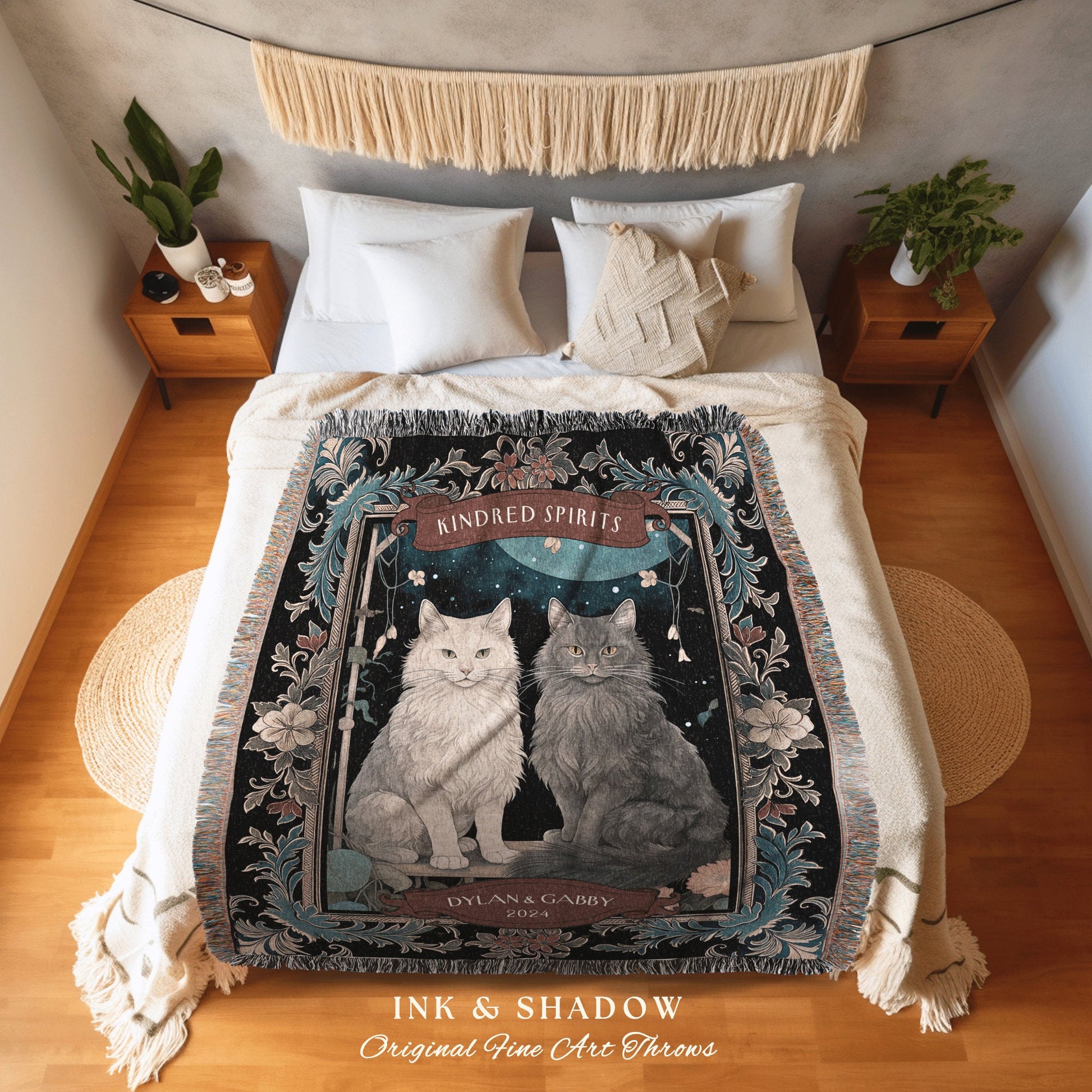 Cosmic Cat Couple Personalized Blanket | Gothic Aesthetic Woven Throw Custom His & Hers Gift for Cat Lovers Custom Dating First Anniversary