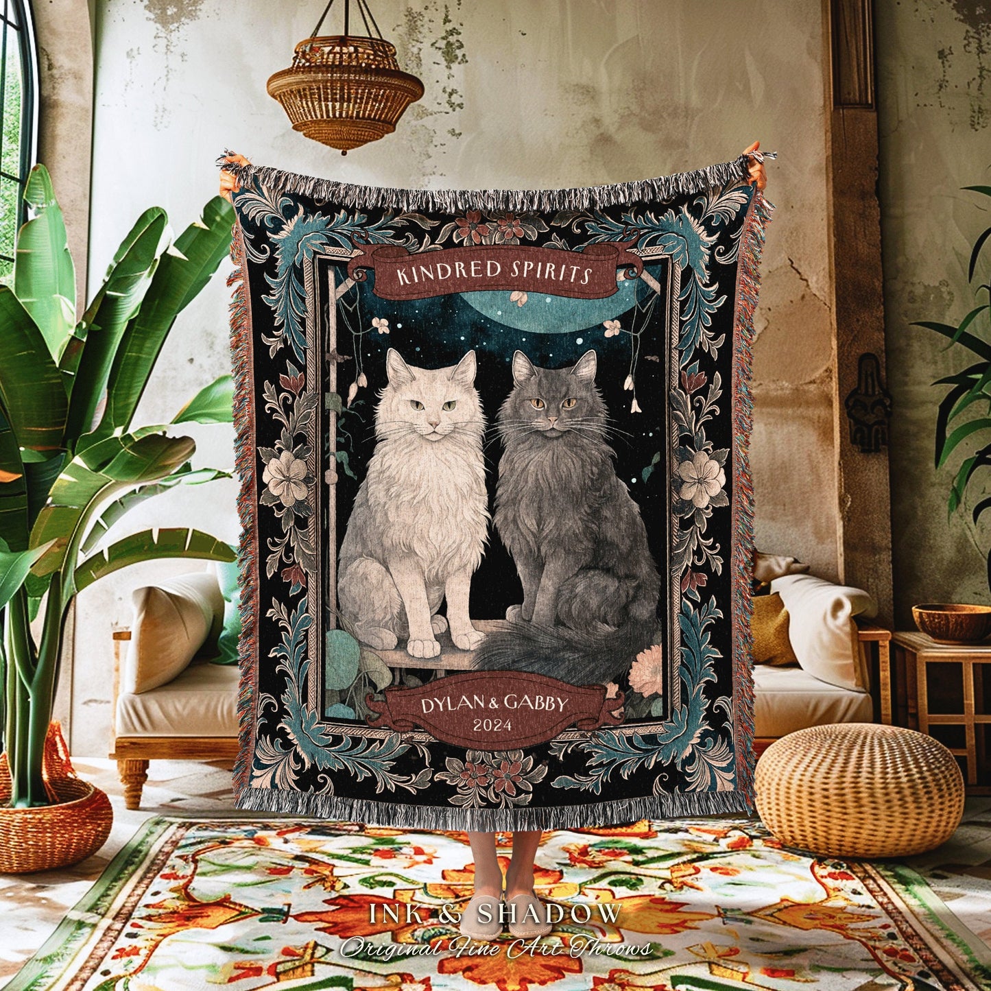 Cosmic Cat Couple Personalized Blanket | Gothic Aesthetic Woven Throw Custom His & Hers Gift for Cat Lovers Custom Dating First Anniversary