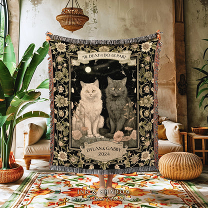 Til Death do us Part Couple Blanket Custom | Dark Academia Aesthetic Woven Throw Custom His & Hers Gift for Cat Lover Personalized Tapestry