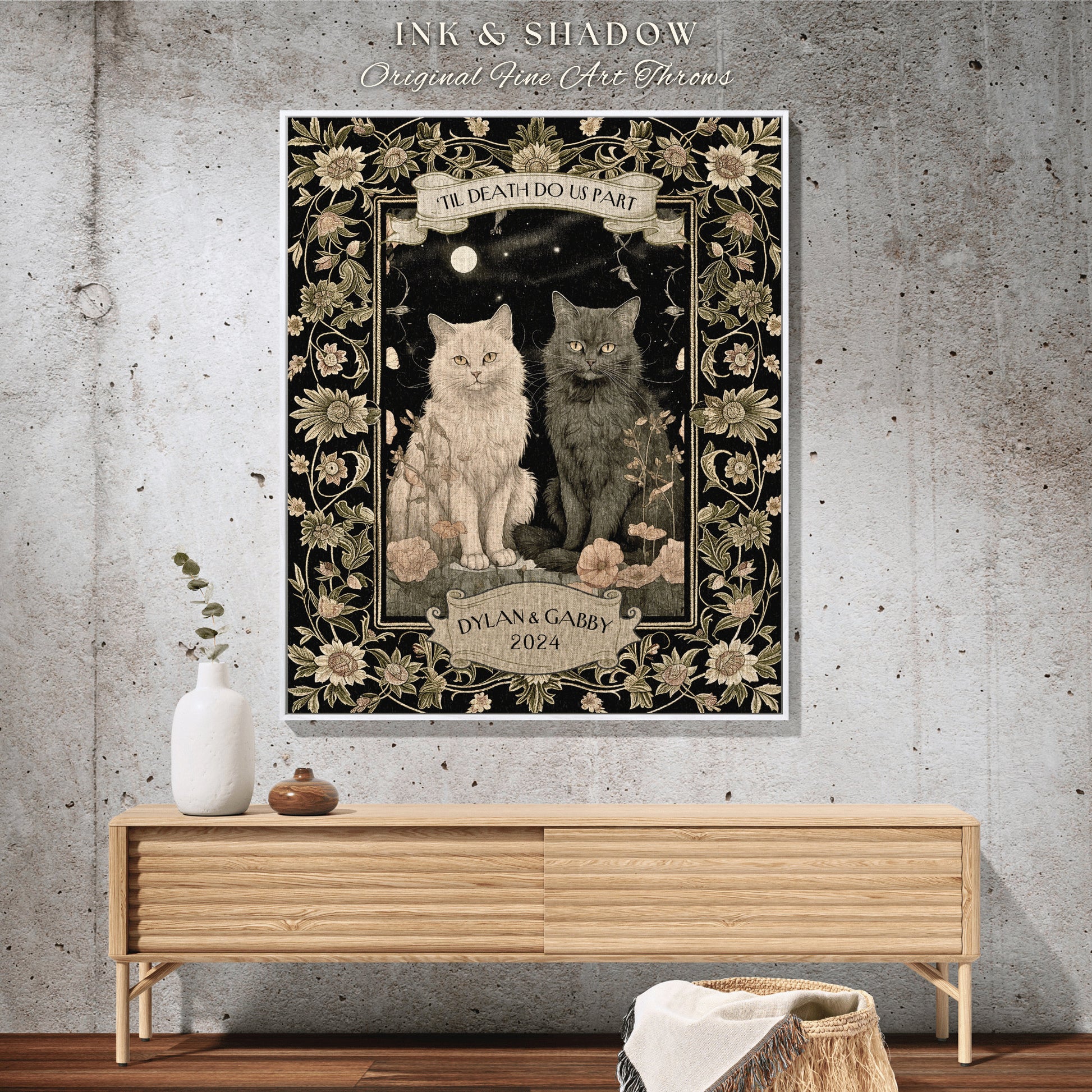 Til Death do us Part Couple Blanket Custom | Dark Academia Aesthetic Woven Throw Custom His & Hers Gift for Cat Lover Personalized Tapestry