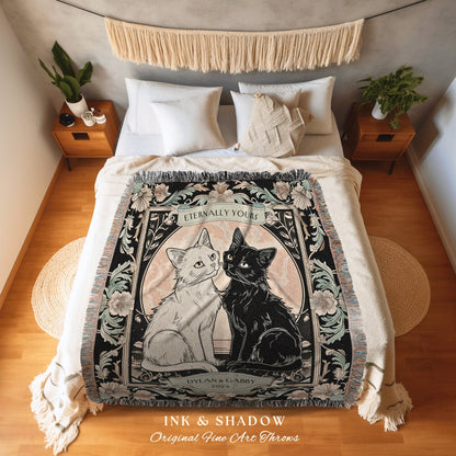 Retro Gothic Cat Couple Custom Tapestry | Vintage Witchy Aesthetic Woven Throw Custom His & Hers Tarot Gift for Cat Lover Personalized |