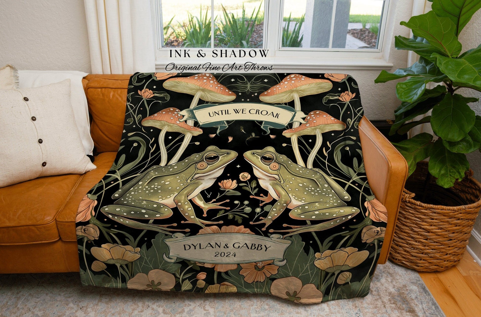 Until We Croak Frog Couple Throw Blanket | Woodland Mushroom Gothic Tapestry Woven Personalized Anniversary Cottagecore Gift for Frog Lover