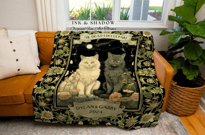 Til Death do us Part Couple Blanket Custom | Dark Academia Aesthetic Woven Throw Custom His & Hers Gift for Cat Lover Personalized Tapestry