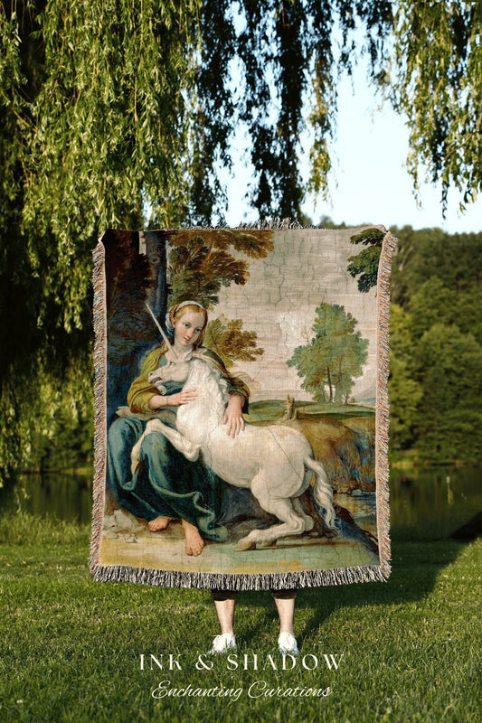 Vintage Unicorn Painting Medieval Tapestry Woven Wall Hanging | Unicorn Art Vintage Aesthetic | Dark Academia Medieval Aesthetic Gothic Art