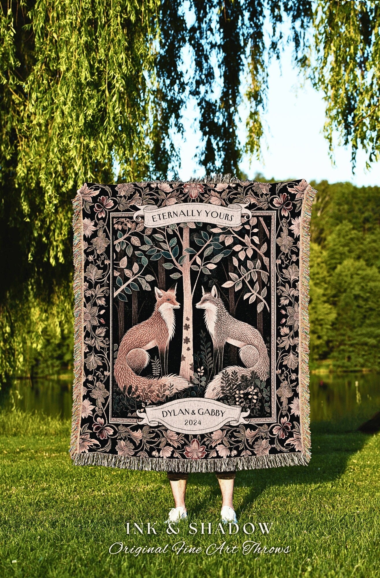 Scandinavian Fox Custom Couples Blanket | Woodland Wedding Gothic Fox Blanket Cute Couples Tapestry Personalized Dating Anniversary Blanket