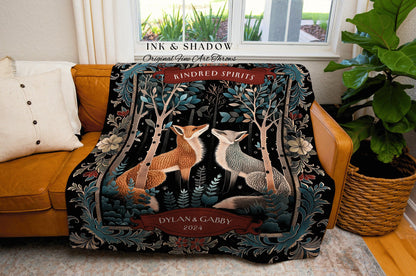 Best Friend Fox Blanket Personalized | Woodland Gothic Fox Blanket Cute Couples Tapestry Custom Dating Anniversary Blanket Bestie Gift |