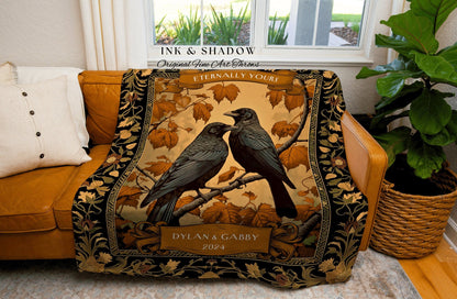 Unique Anniversary Blanket Personalized | Crowcore Couple Aesthetic Woven Throw Custom Dating Gift 'Til Death do us Part' Raven Tapestry |