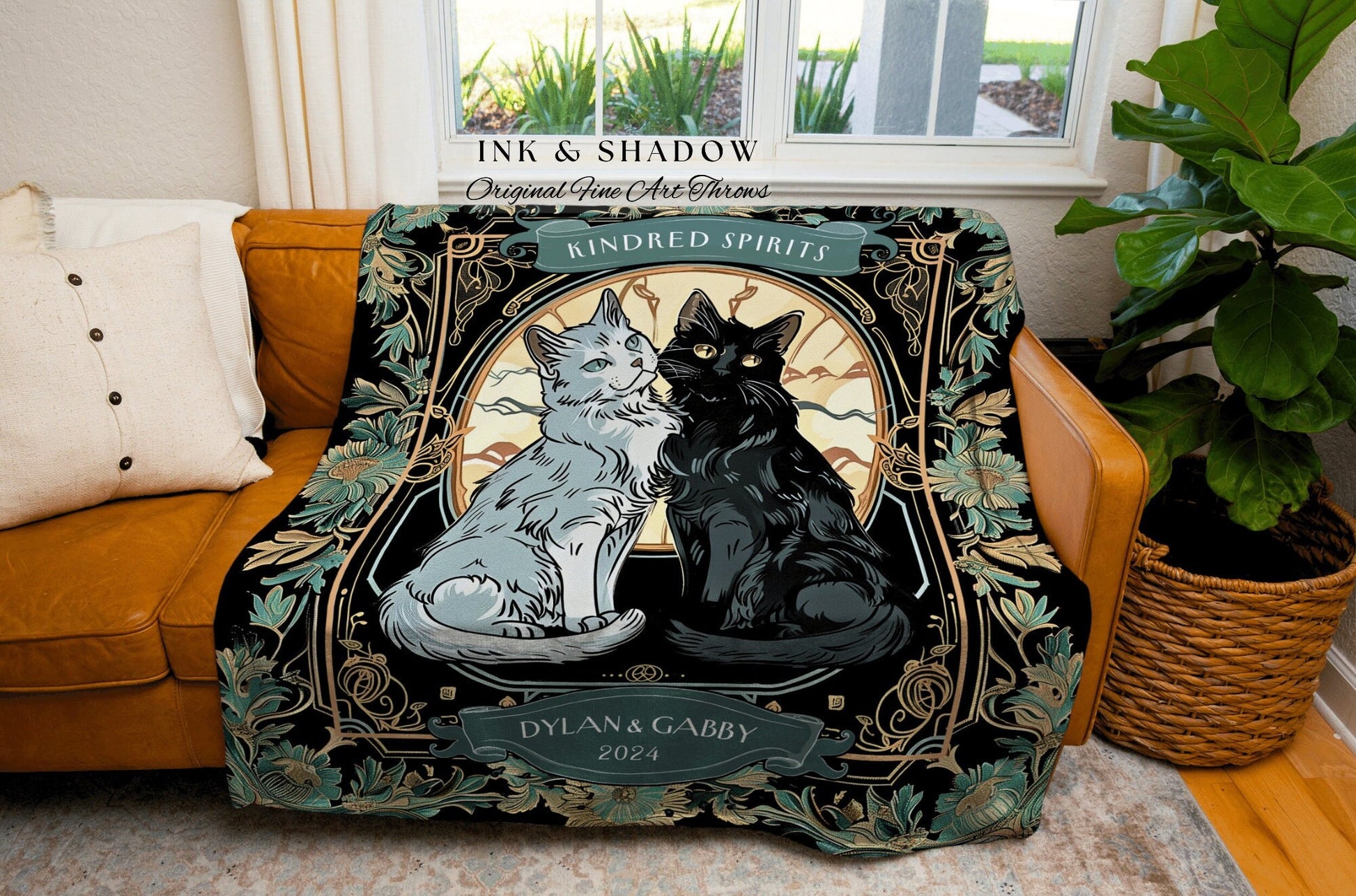 Engagement Blanket Personalized Cat Couple | Victorian Aesthetic Woven Throw Custom Gift for Cat Lover Personalized Dating First Anniversary