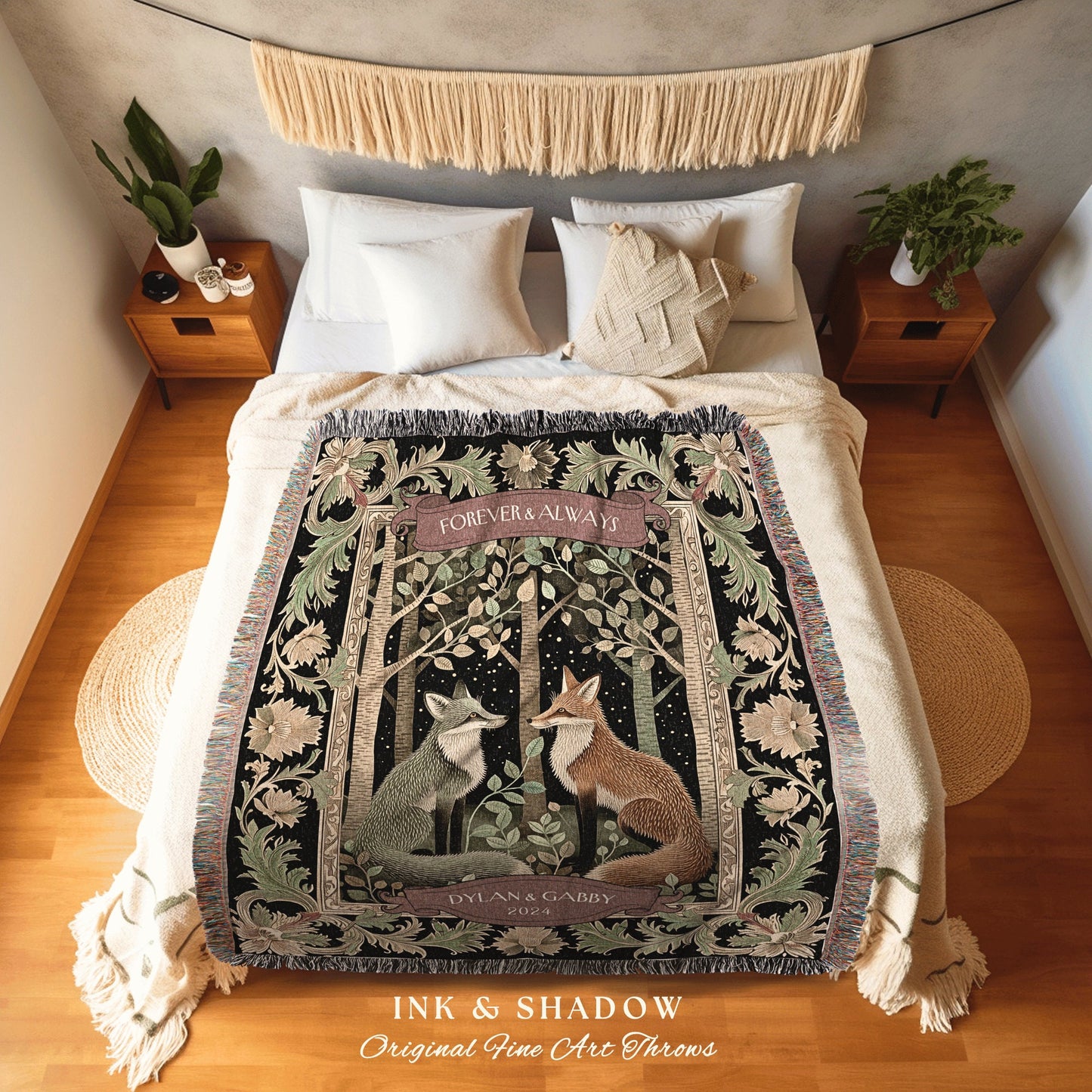 Couples Tapestry Fox Lover Blanket Custom | Woodland Gothic Fox Blanket Cute Couples Blanket Woven Personalized Dating Anniversary Throw |