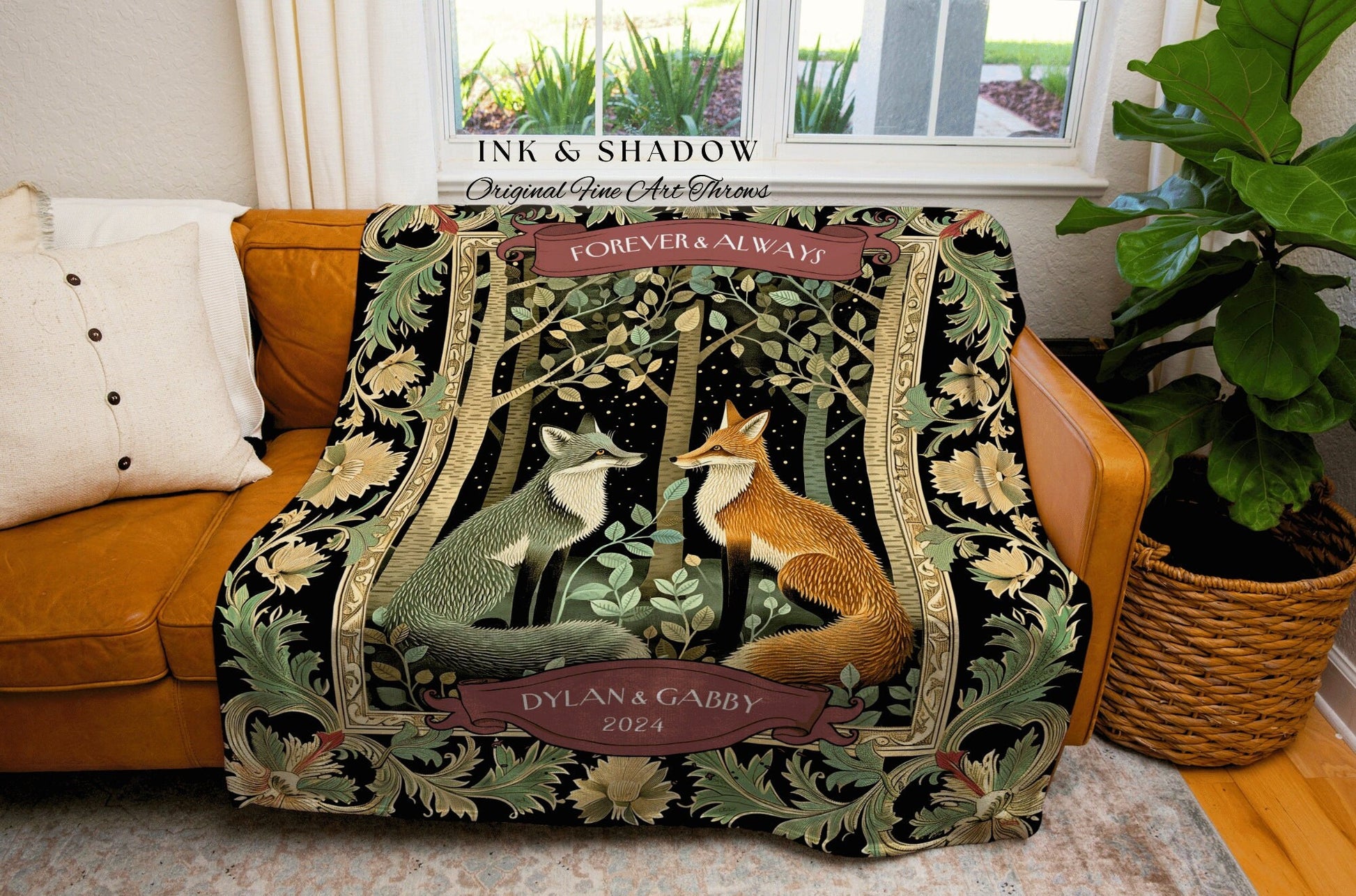 Couples Tapestry Fox Lover Blanket Custom | Woodland Gothic Fox Blanket Cute Couples Blanket Woven Personalized Dating Anniversary Throw |