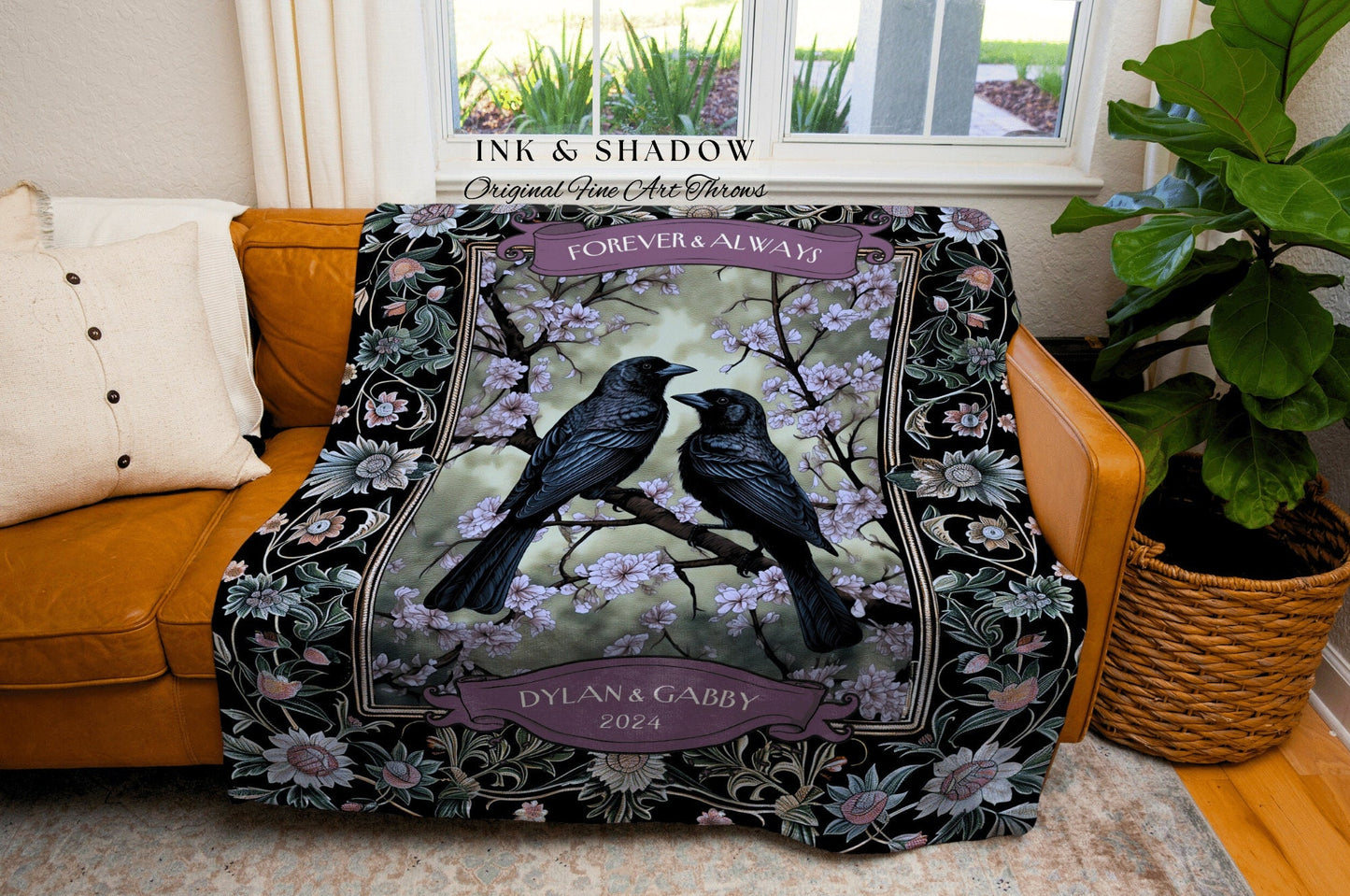 Sentimental Gift for Couple Personalized Throw | Crow Core His and Hers Dark Academia Aesthetic Woven Blanket Custom Name Gift Goth Tapestry