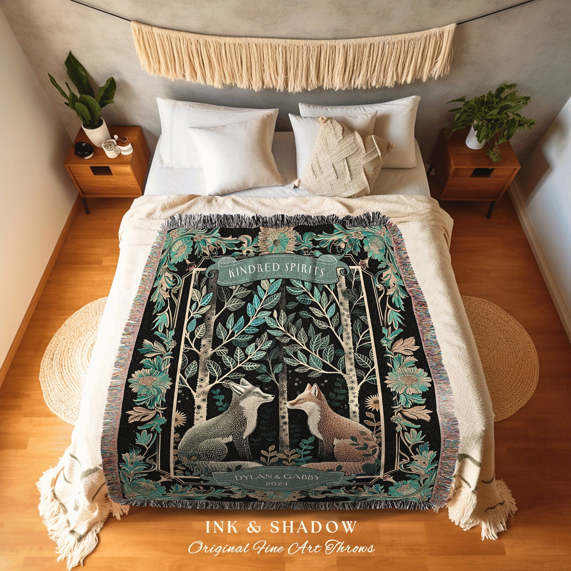 Teal Woodland Fox Couple Tapestry Custom | Folklore Wedding Gothic Fox Lover Gift Cute Anniversary Blanket Personalized Dating Gift for Her