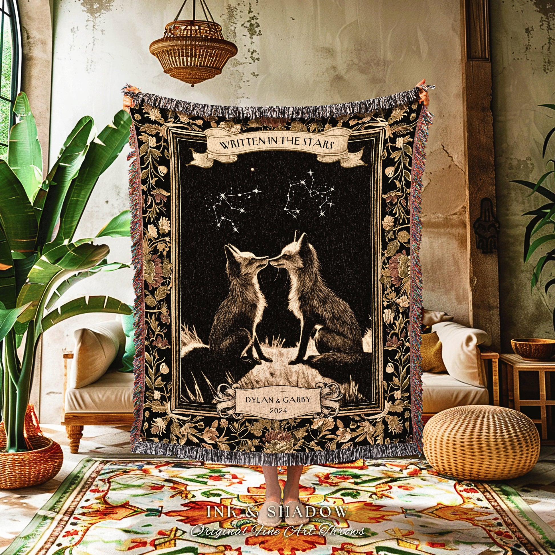 His & Hers Star Sign Constellation Blanket | Custom Wedding Tapestry Woven Throw Fox Blanket Couples Astrology Personalized Woodland Gothic