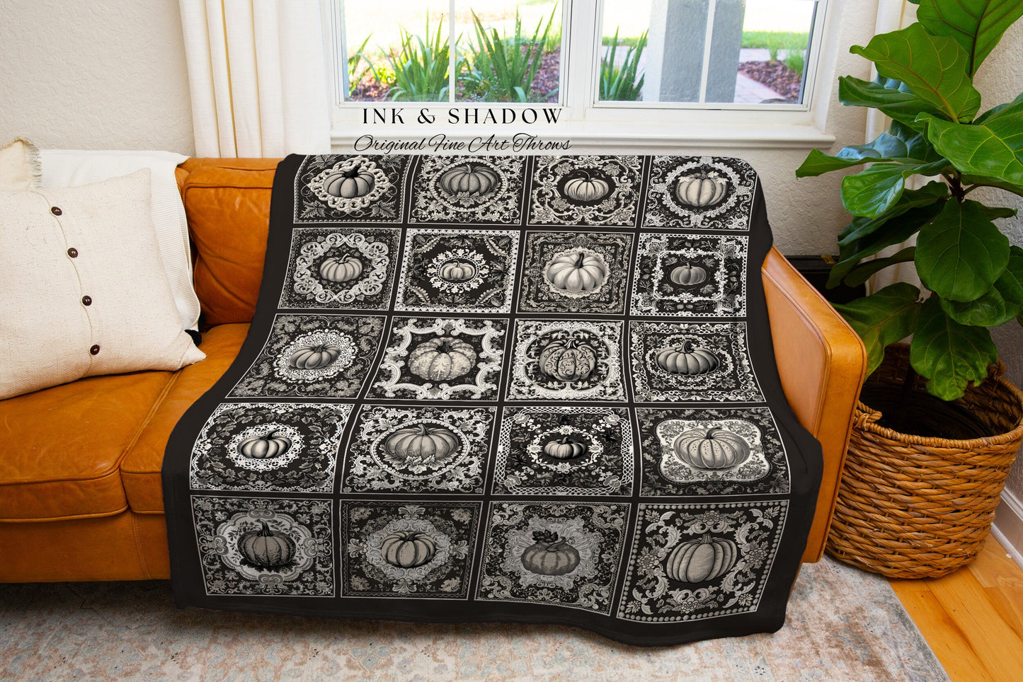 Black & White Pumpkin Throw Blanket Woven | Retro Halloween Home Decor Woven Throw Fall Vibes Cozy Accent Blanket Spooky Season Decoration |