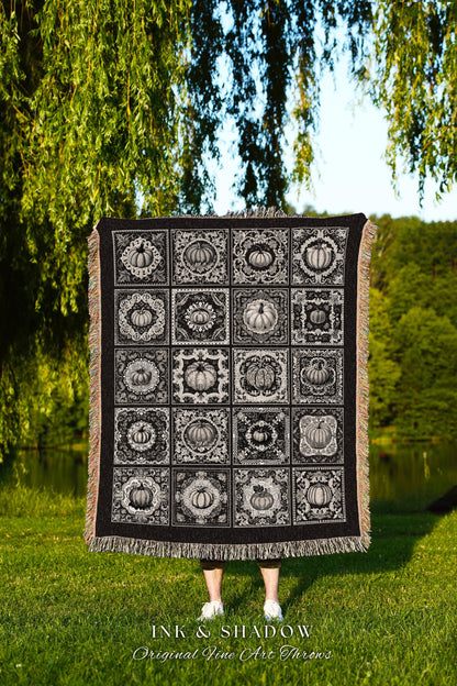 Black & White Pumpkin Throw Blanket Woven | Retro Halloween Home Decor Woven Throw Fall Vibes Cozy Accent Blanket Spooky Season Decoration |