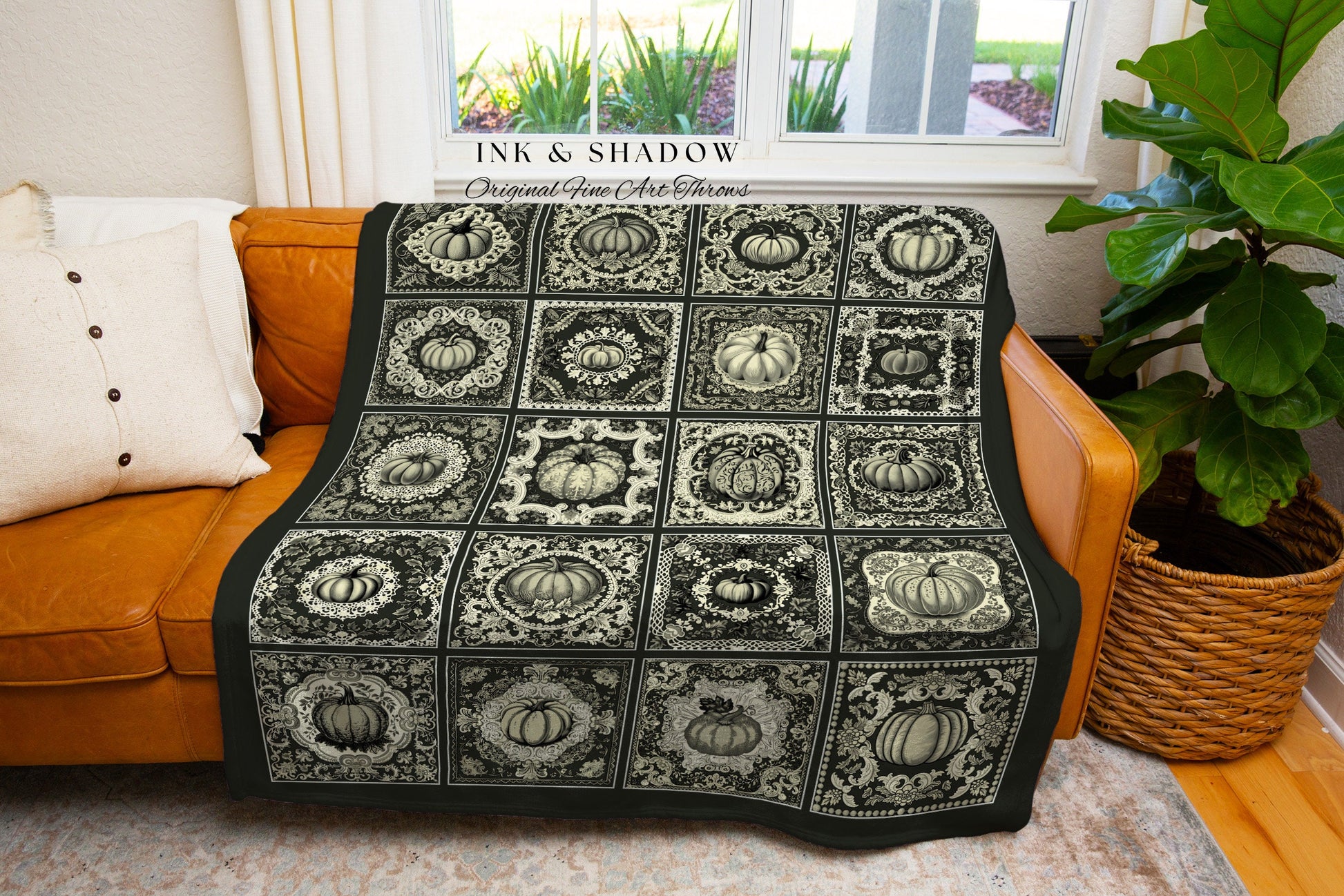 Dark Academia Pumpkin Picnic Blanket | Whimsigoth Witchy Halloween Home Decor Woven Throw Fall Vibes Cozy Accent Blanket Spooky Tapestry |