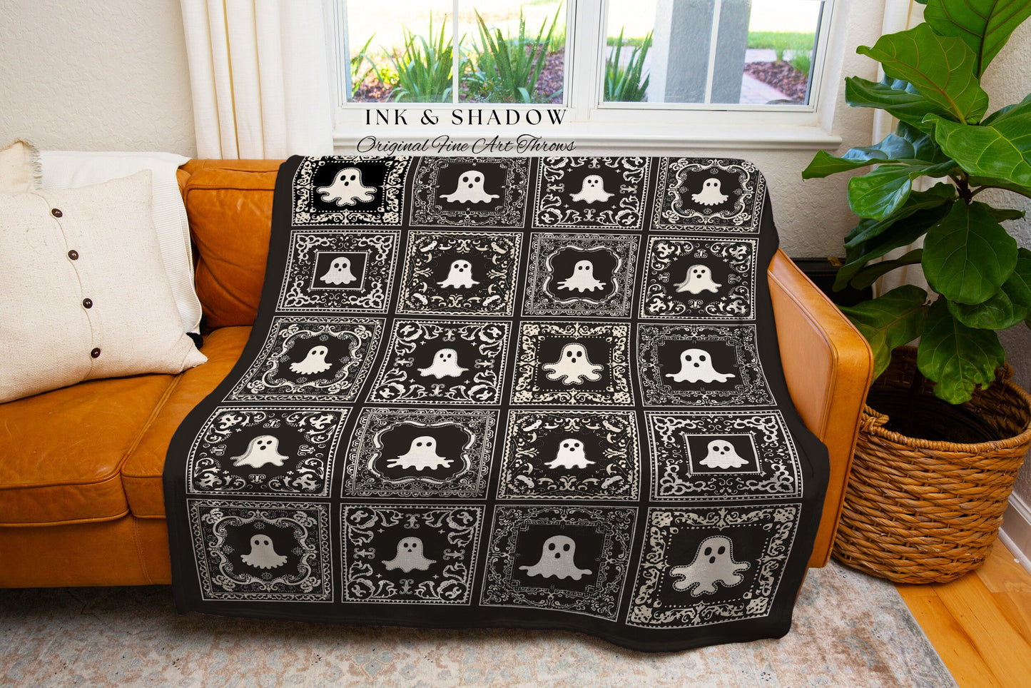 Black & White Ghost Woven Sofa Blanket | Witchy Home Decor Halloween Vibes Cozy Home Accent Dark Academia Aesthetic Tapestry Ghost Throw |