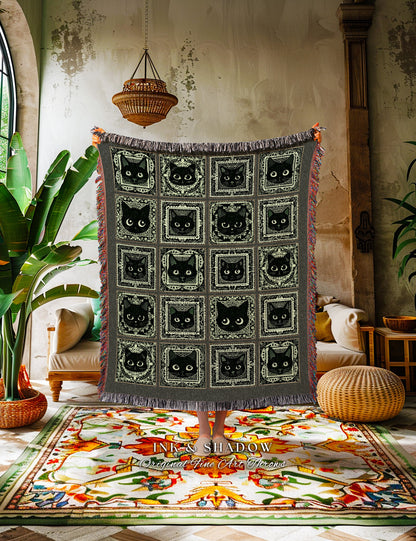 Black Cat Whimsigoth Woven Tapestry | Victorian Gothic Halloween Book Nook Decor Cozy Home Accent Dark Academia Aesthetic Cat Lover Blanket