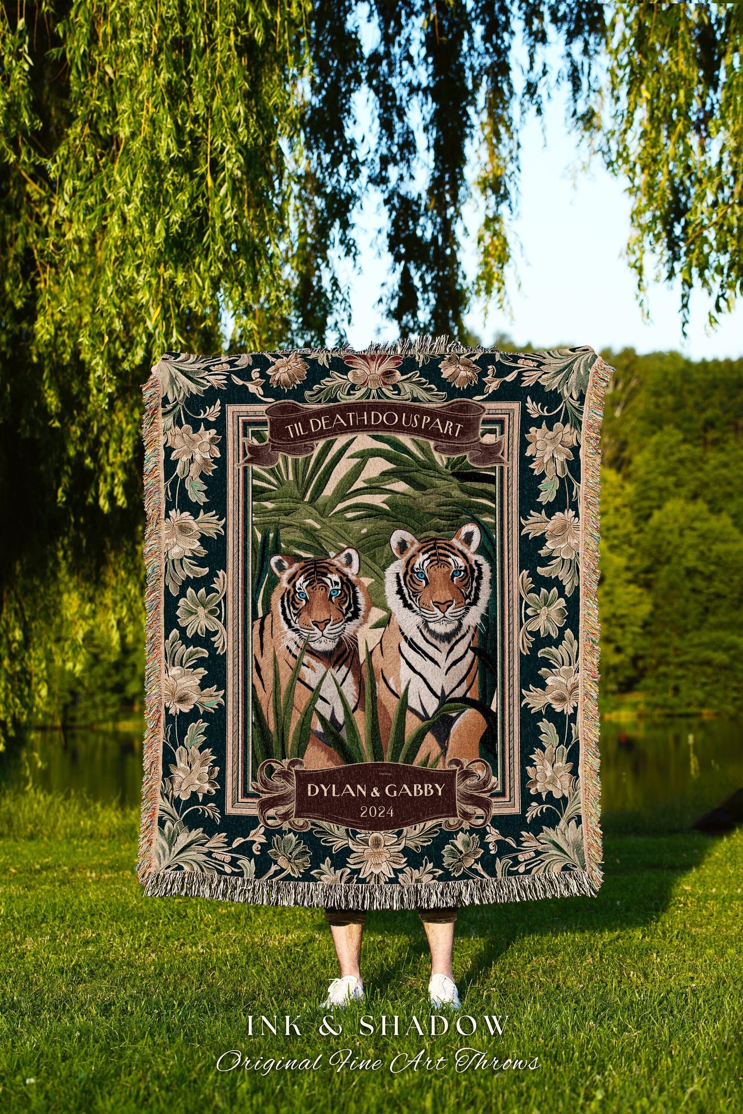 Elegant Tiger Couple Lovers Blanket | Woven Cotton Tapestry 2 Year Anniversary Gift Throw Personalized His & Hers Names Custom Jungle Throw