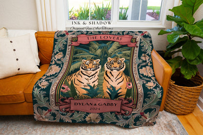 Dark Botanical Tiger Couple Anniversary Blanket | Woven Cotton Tapestry Wedding Custom Gift Throw Personalized His & Her Names Cute for Her