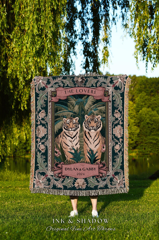 Dark Botanical Tiger Couple Anniversary Blanket | Woven Cotton Tapestry Wedding Custom Gift Throw Personalized His & Her Names Cute for Her