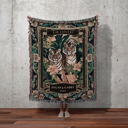 Dark Floral Tiger Couple Anniversary Throw | Woven Cotton Tapestry Tropical Wedding Anniversary Gift Throw Personalized His & Hers Names |