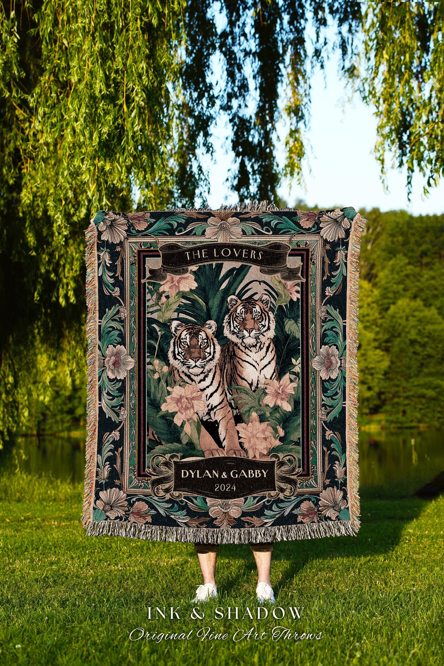 Dark Floral Tiger Couple Anniversary Throw | Woven Cotton Tapestry Tropical Wedding Anniversary Gift Throw Personalized His & Hers Names |