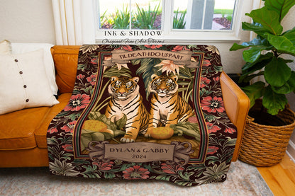 Cozy Tiger Couple Blanket 'Til Death do us Part' | Woven Cotton Blanket Wedding Custom Gift Throw Personalized His & Her Names Cute Tapestry