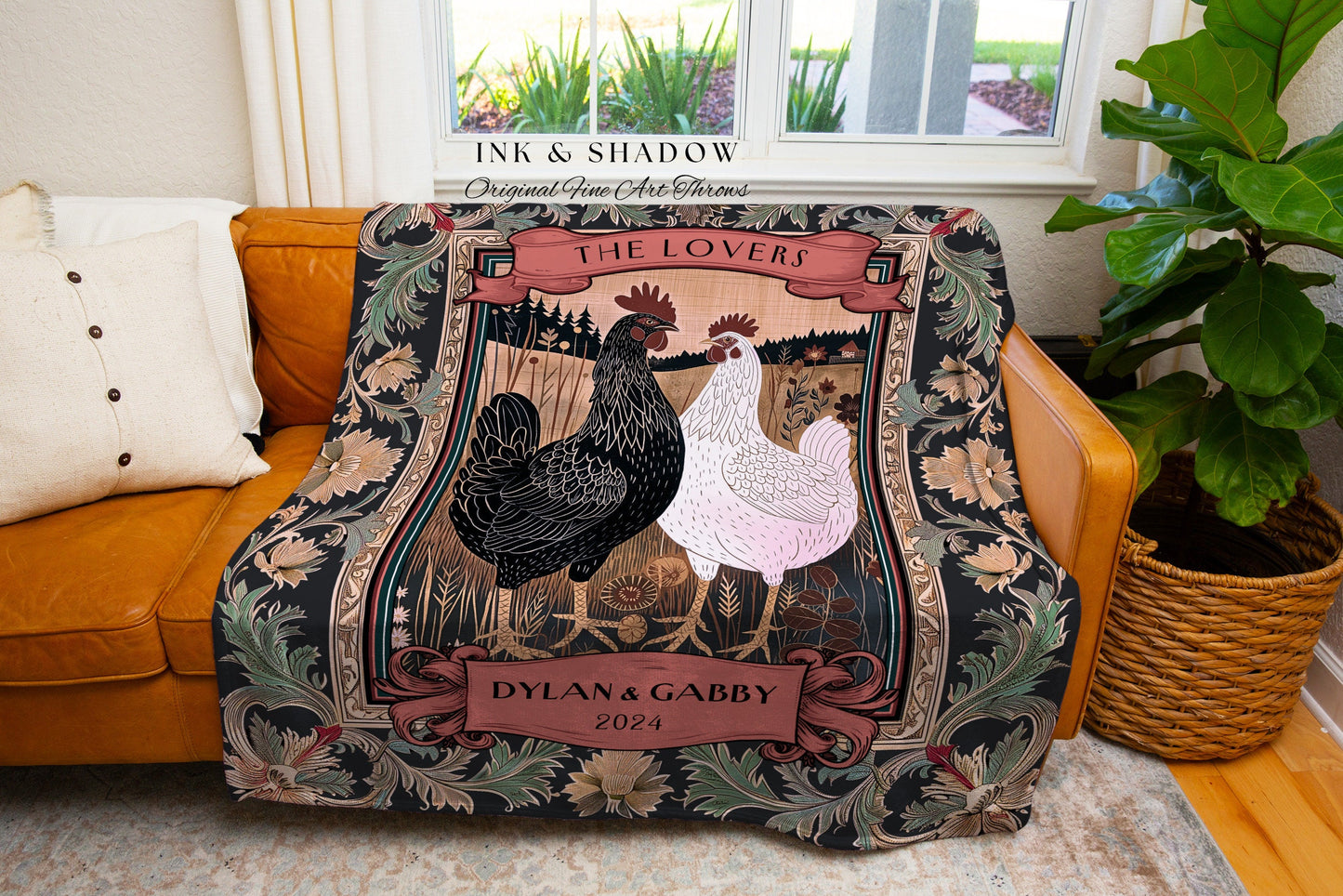 Rooster and Hen Personalized Couple Blanket | Rustic Farmhouse Tapestry Wedding Western Aesthetic Mr and Mrs Custom Woven Anniversary Gift |