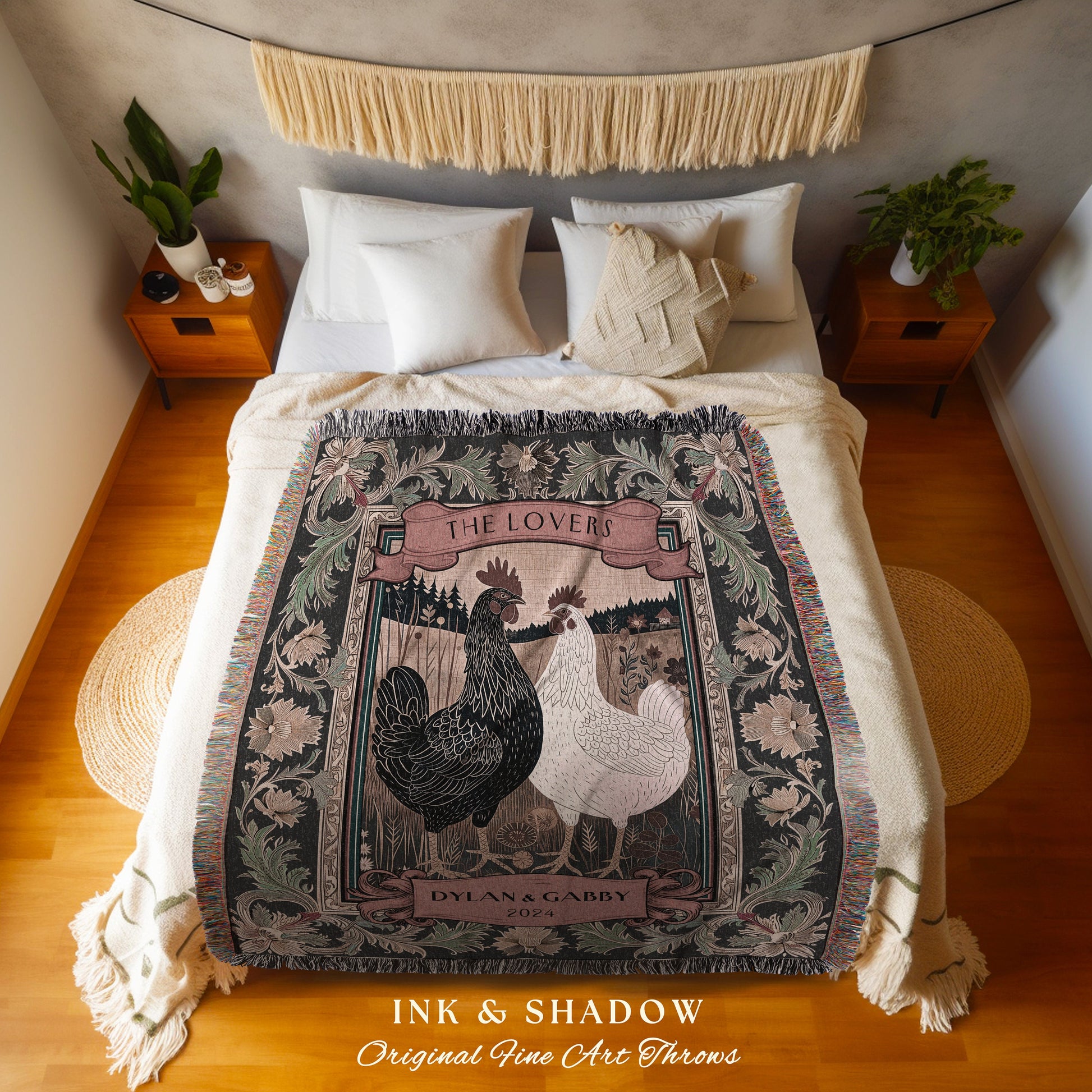 Rooster and Hen Personalized Couple Blanket | Rustic Farmhouse Tapestry Wedding Western Aesthetic Mr and Mrs Custom Woven Anniversary Gift |