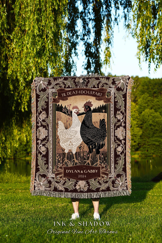 His & Hers Chicken Couple Tapestry Blanket | Rustic Farmhouse Wedding Western Aesthetic Mr and Mrs Custom Woven Anniversary Gift Thoughtful