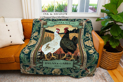 Dark Romantic Chicken Throw Blanket | Western Wedding Farmhouse Aesthetic His & Hers Custom Woven Tapestry Retro Chicken Couple Anniversary