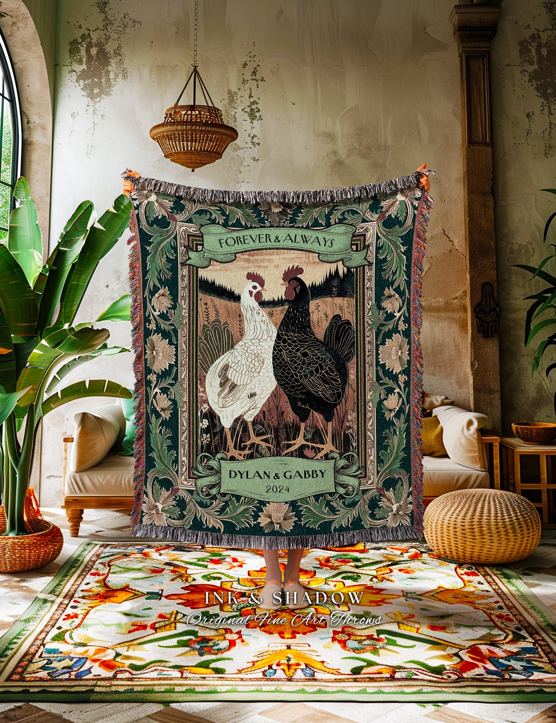 Dark Romantic Chicken Throw Blanket | Western Wedding Farmhouse Aesthetic His & Hers Custom Woven Tapestry Retro Chicken Couple Anniversary