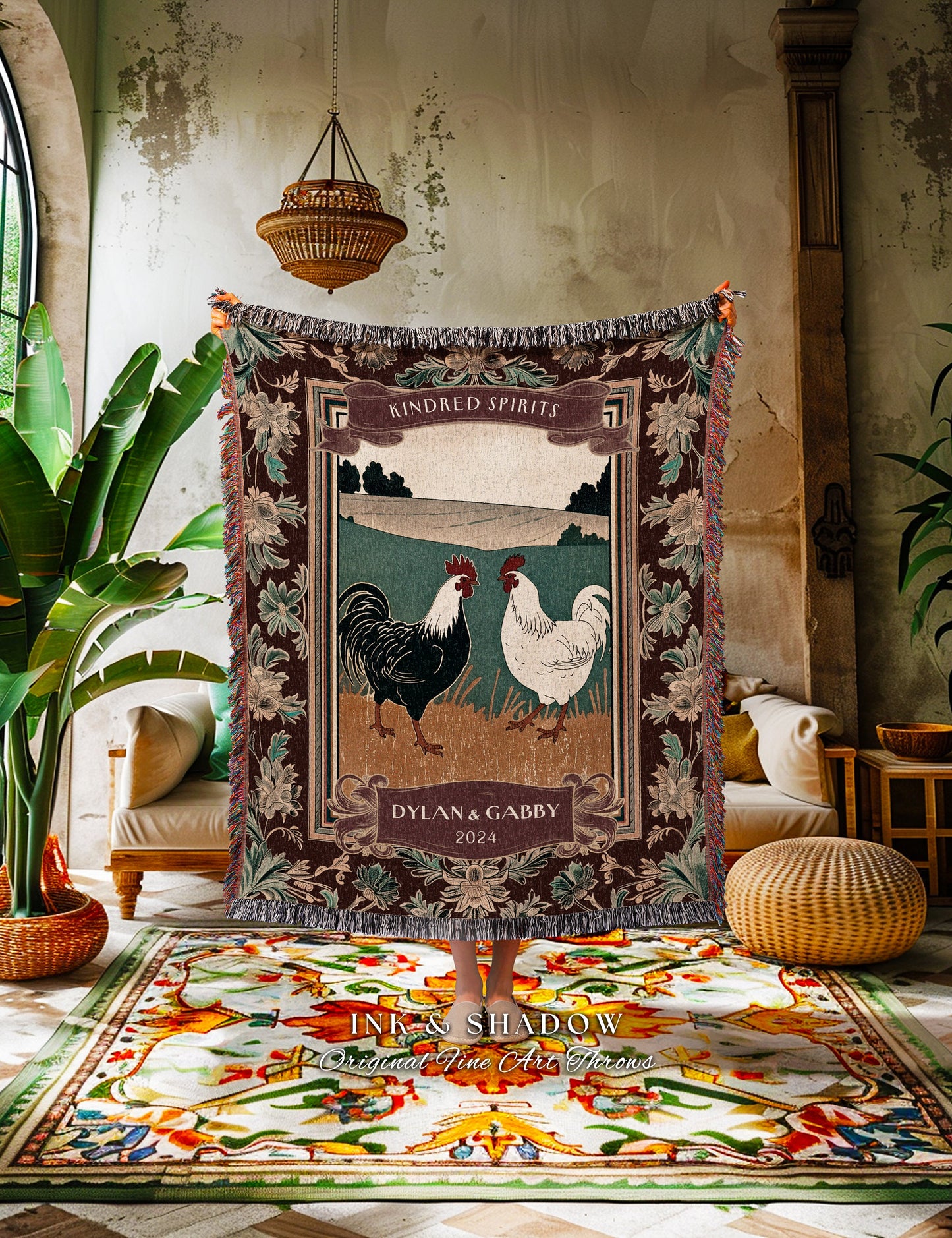 Western Aesthetic Anniversary Throw Blanket | Farmhouse Aesthetic His & Hers Custom Woven Tapestry Retro Chicken Couple Anniversary Cute |