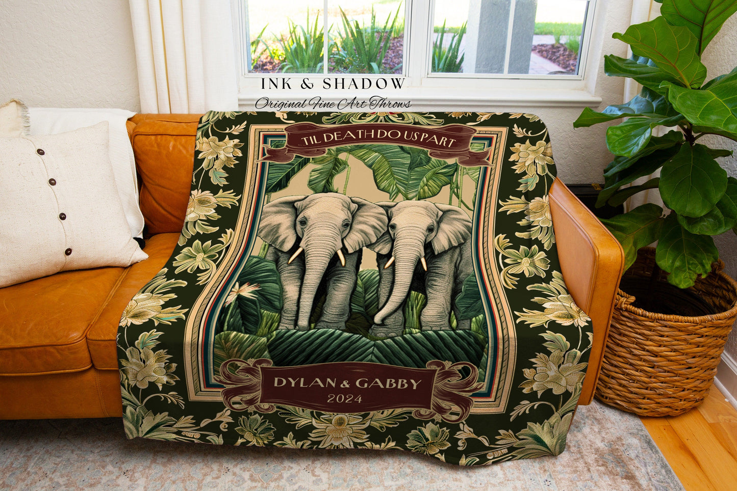 Elephant Couple Anniversary Woven Blanket | Lovers Tapestry First Year Wedding Gift Throw Personalized His & Hers Names Custom Jungle Throw