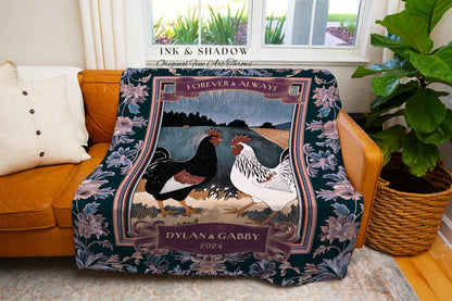 Forever & Always Anniversary Throw Blanket | Retro Farmhouse Wedding Western Aesthetic His and Hers Custom Woven Tapestry Chicken Couple |