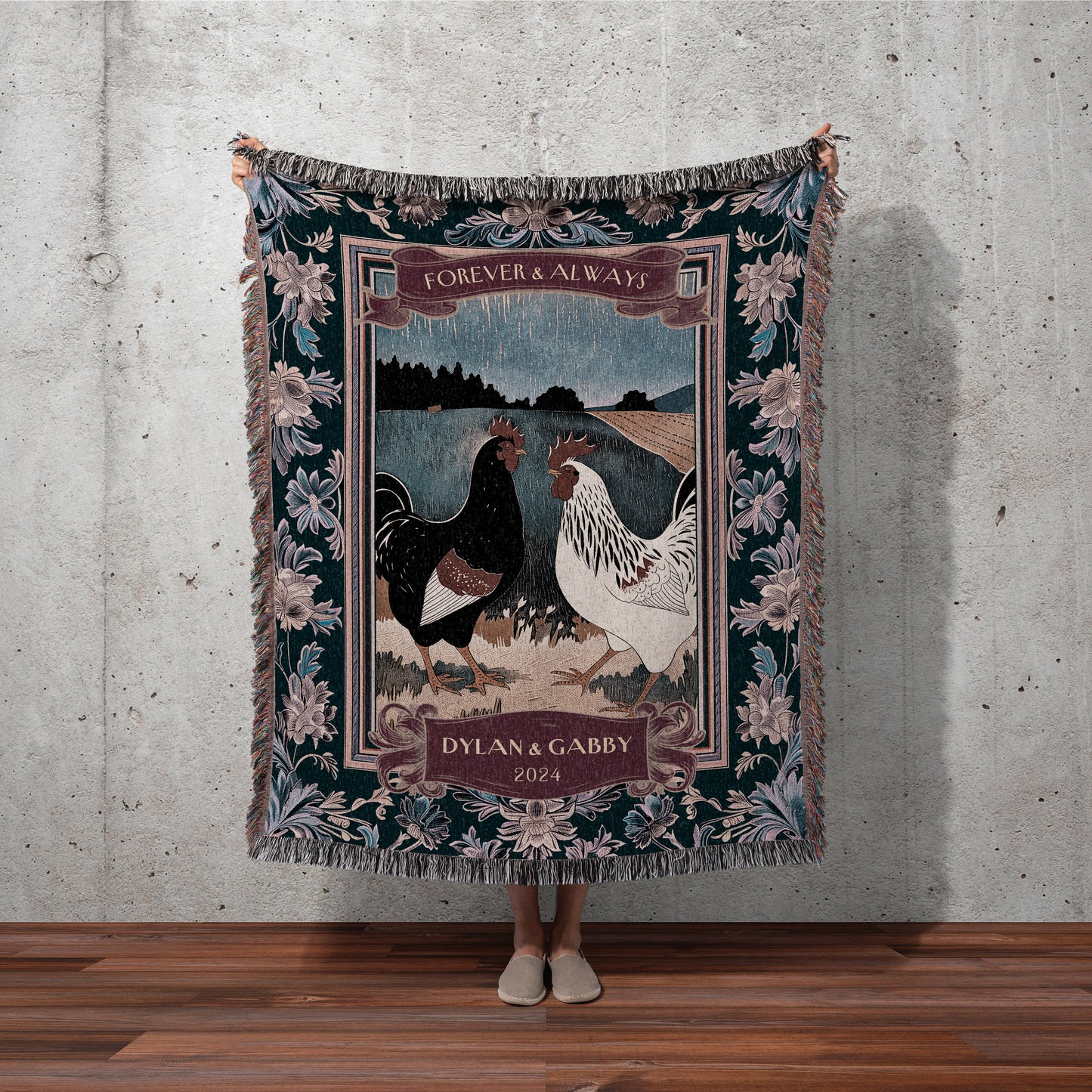 Forever & Always Anniversary Throw Blanket | Retro Farmhouse Wedding Western Aesthetic His and Hers Custom Woven Tapestry Chicken Couple |