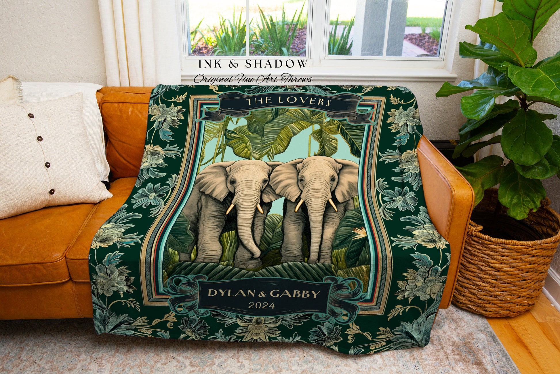 Botanical Jungle Elephant Couple Blanket | Woven Tapestry Wedding Throw Personalized His & Hers Names Custom Anniversary Gift Cute Custom |