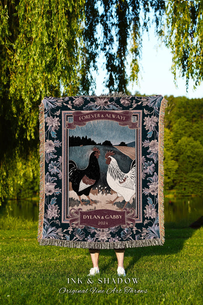 Forever & Always Anniversary Throw Blanket | Retro Farmhouse Wedding Western Aesthetic His and Hers Custom Woven Tapestry Chicken Couple |