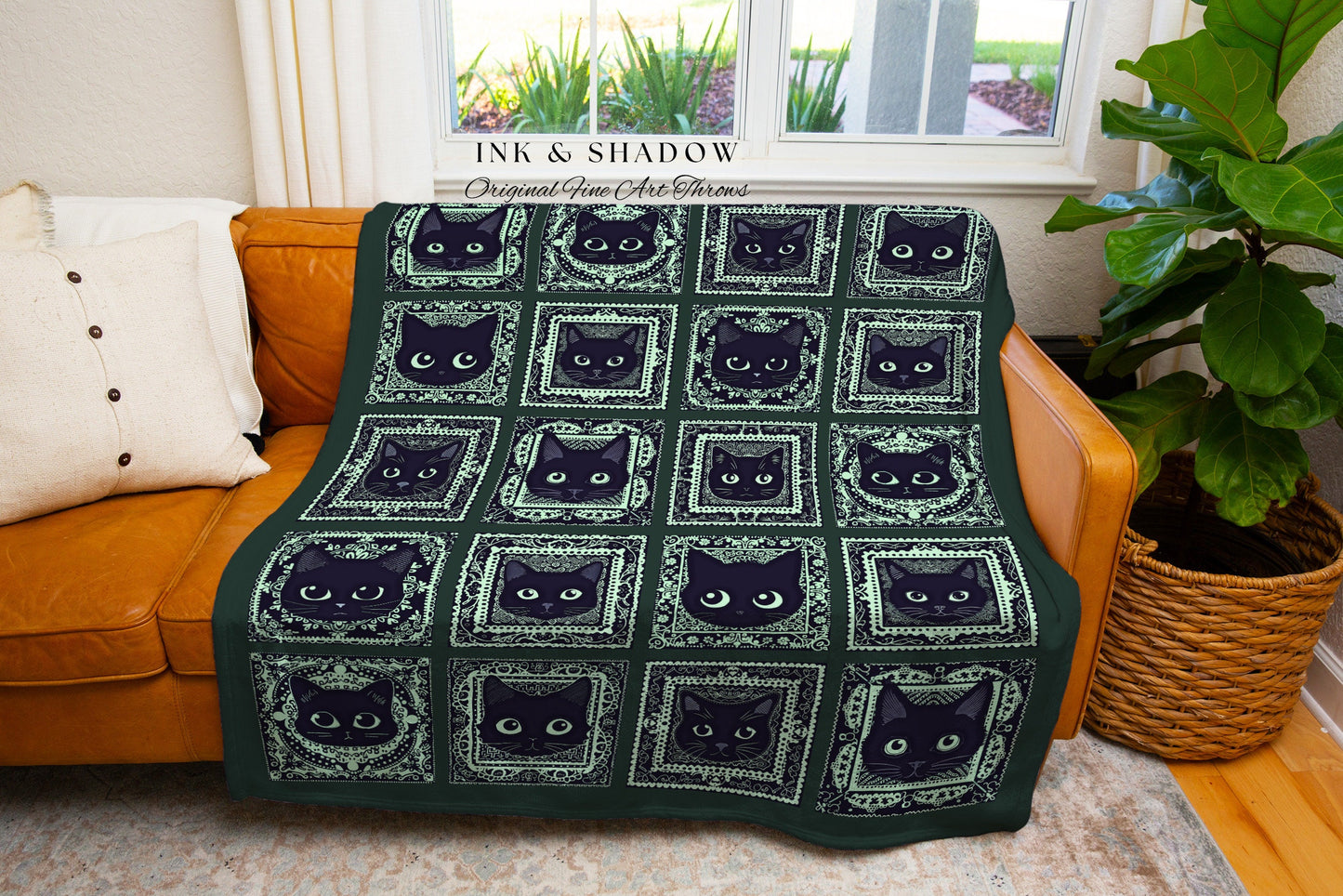 Retro Whimsigothic Cat Art Throw Blanket Unique Cozy Decor | Witchy Aesthetic Whimsical Cat Lovers Gift Dark Academia Tapestry Woven Blanket