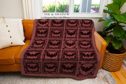 Gothic Mauve Bat Tapestry Blanket | Rustic Halloween Tapestry Cottagecore Wall Art Spooky Season Decor Bat Lover Gift Victorian Aesthetic |