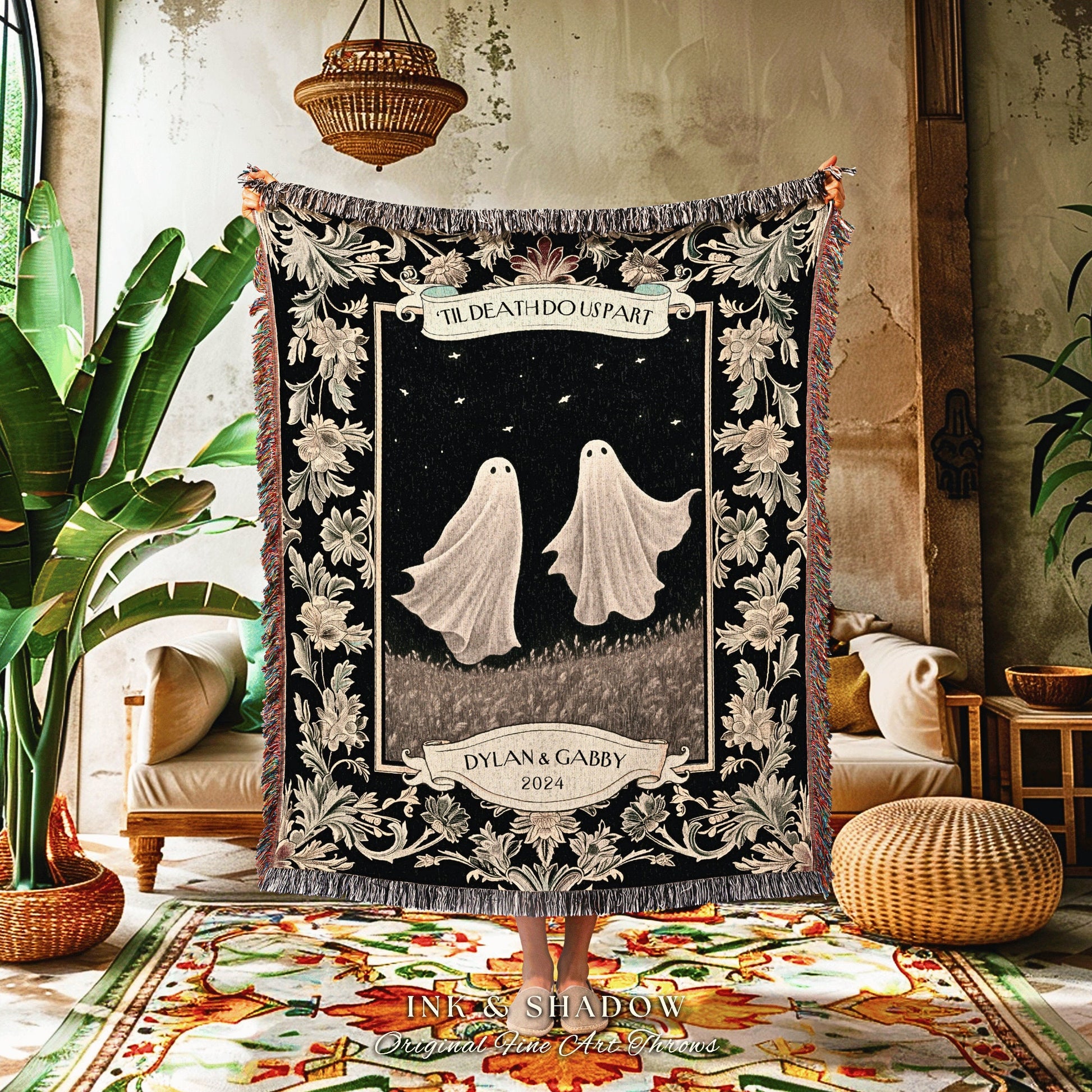 Mystic Lovers Personalized Ghost Blanket | Dark Cottagecore Custom Gothic Couple Tapestry Woven Throw His & Hers Gift for Partner Thoughtful