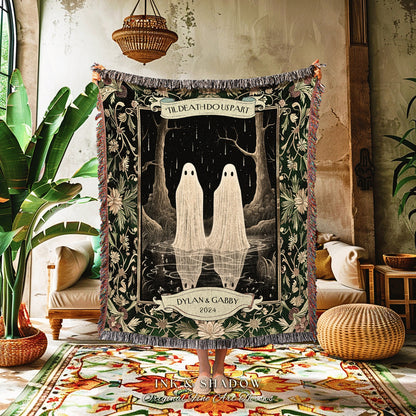 Celestial Forest Ghost Lovers Blanket | Dark Cottagecore Custom Gothic Couples Tapestry Woven Throw Personalized Gift for Partner Thoughtful