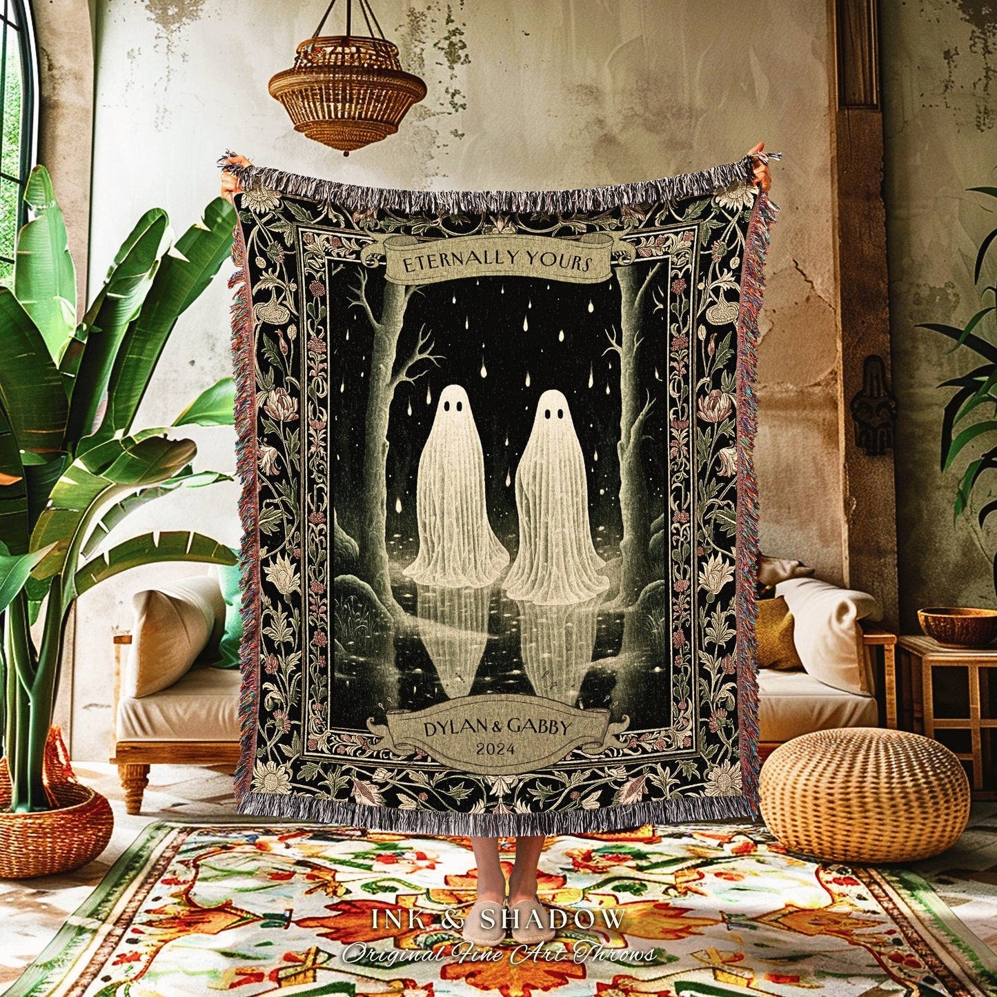 Dark Forest Ghost Couple Custom Blanket | Kindred Spirits Personalized Gothic Wedding Tapestry Woven Throw Whimsigoth Gift for Boyfriend |