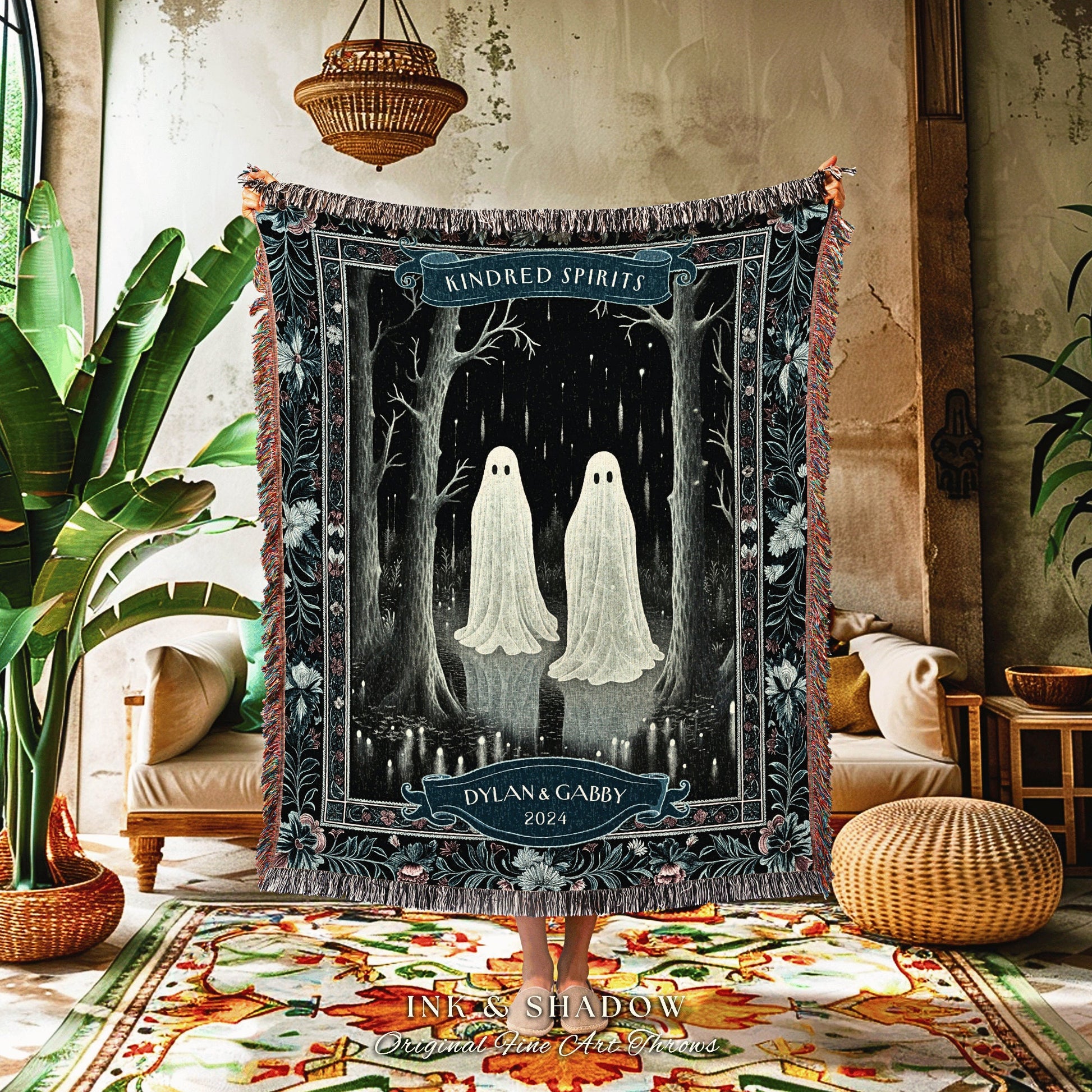 Moody Ghosts Couple Personalized Blanket | Kindred Spirits Personalized Gothic Wedding Tapestry Woven Throw Custom Ghost Lover Gift for Her