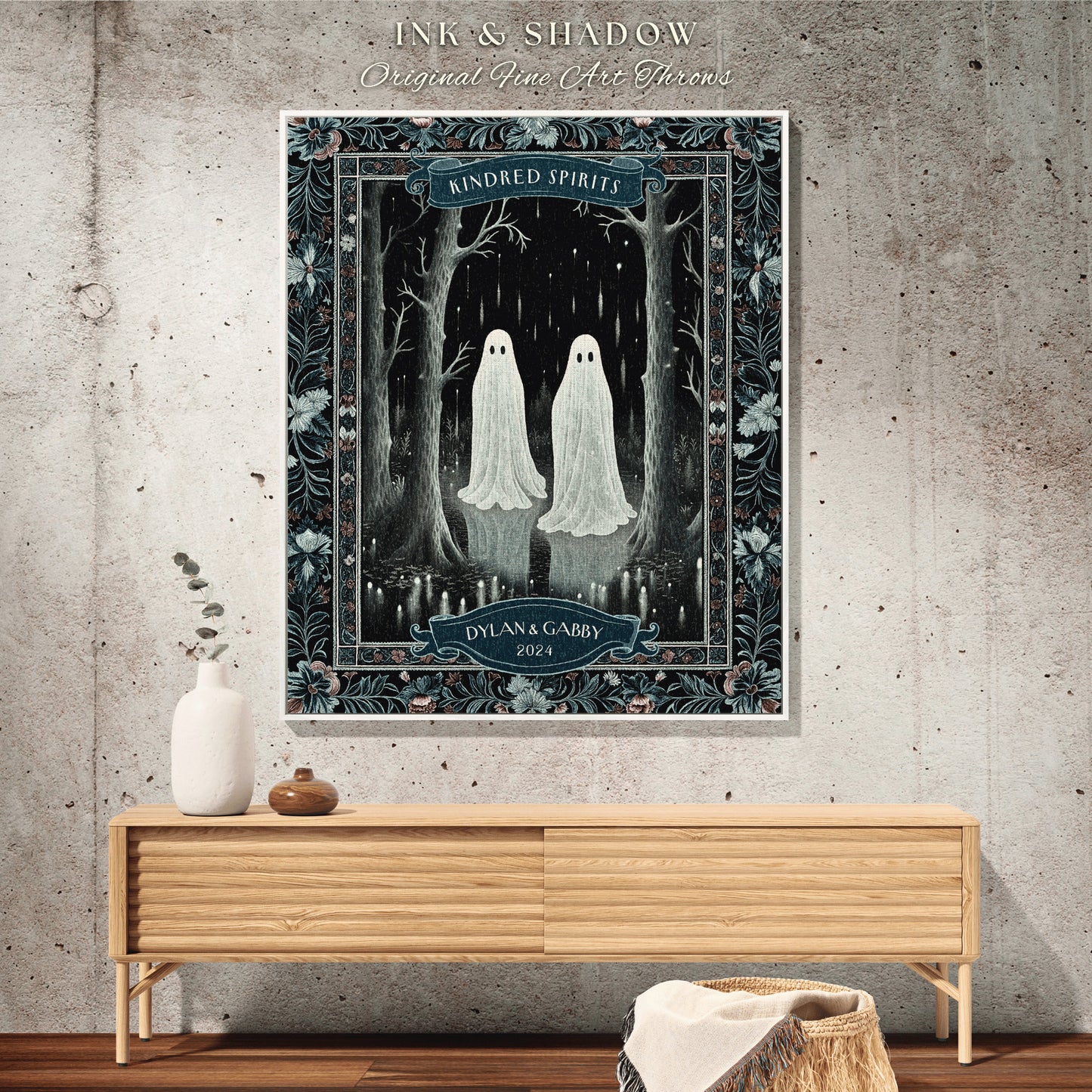 Moody Ghosts Couple Personalized Blanket | Kindred Spirits Personalized Gothic Wedding Tapestry Woven Throw Custom Ghost Lover Gift for Her