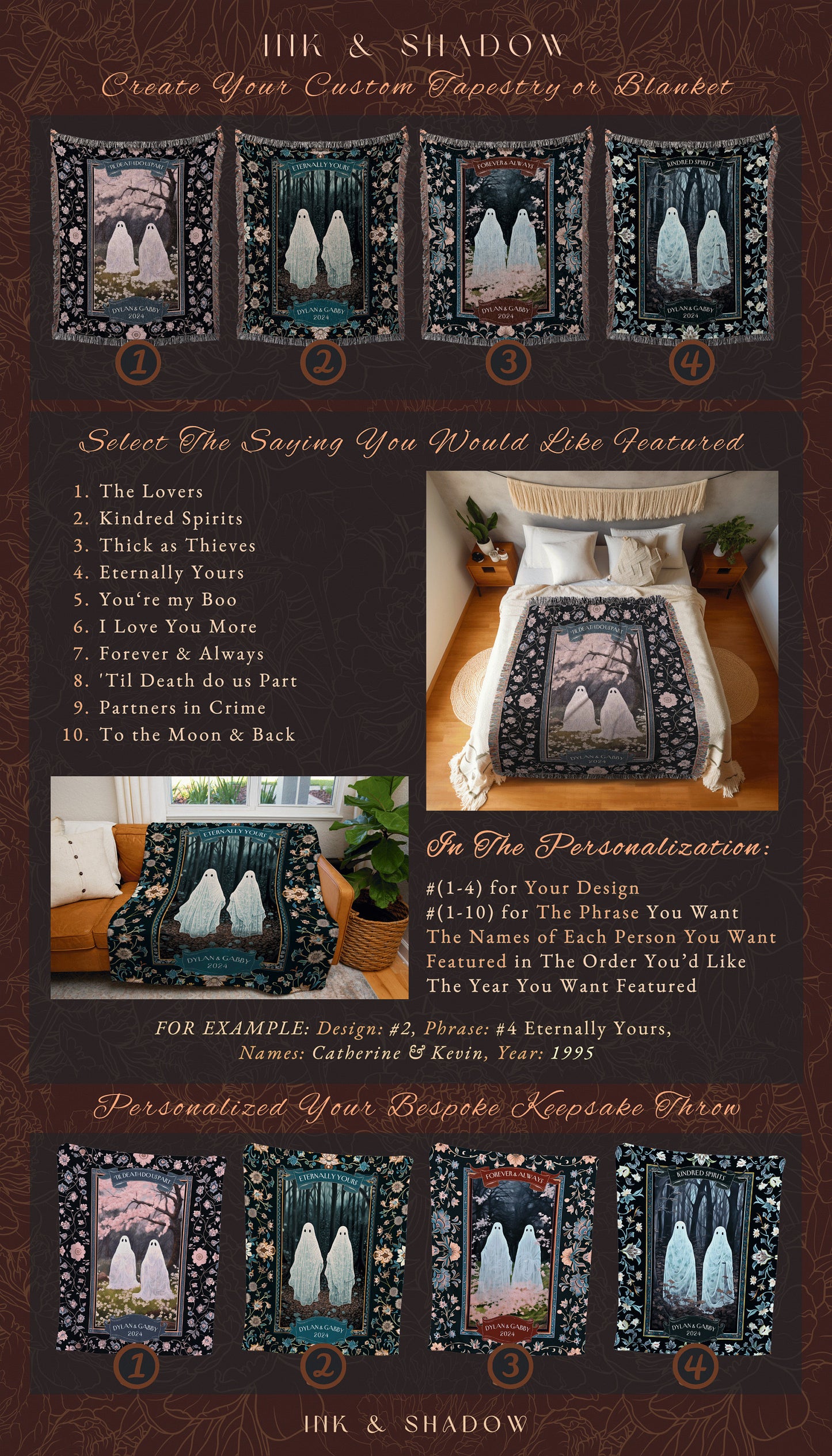 Enchanted Forest Ghost Lovers Blanket | Kindred Spirits Custom Gothic Wedding Tapestry Woven Throw Whimsigoth Personalized Gifts for Goths |